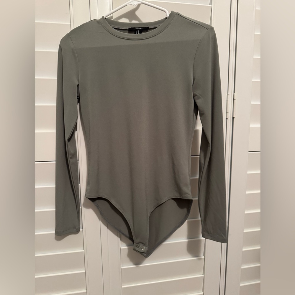 Forever 21 Women's Long Sleeve Sage Green Bodysuit - Size Medium
